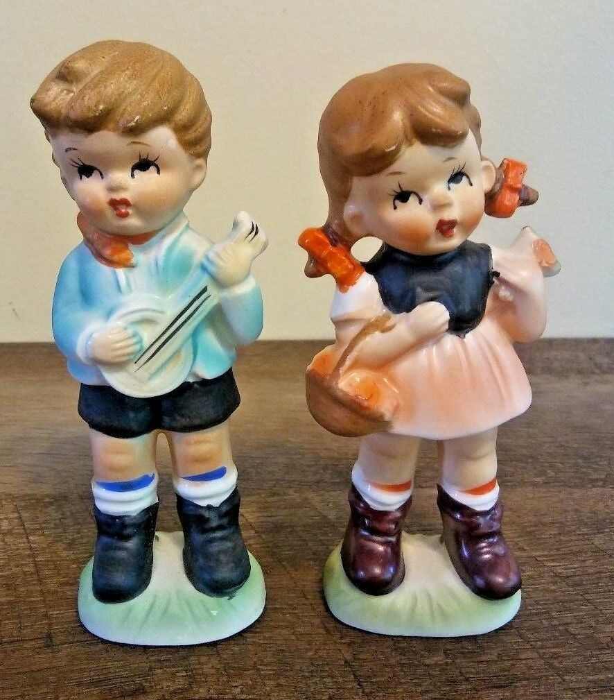 Vintage Boy With Banjo Girl With Basket Hand Painted Ceramic Figurines Japan