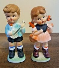 Vintage Boy With Banjo Girl With Basket Hand Painted Ceramic Figurines Japan picture