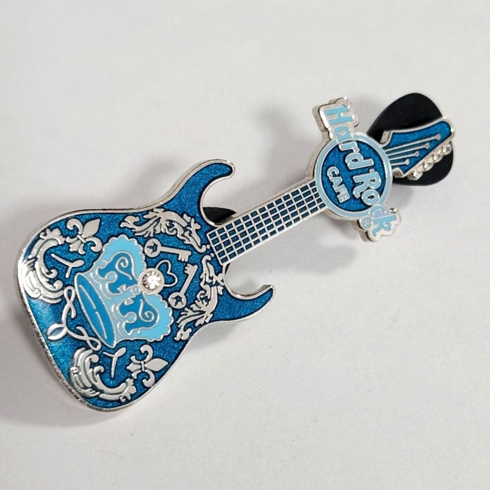 Hard Rock Cafe Enamel Blue Crown Rhinestone Guitar Limited Edition Brooch Pin