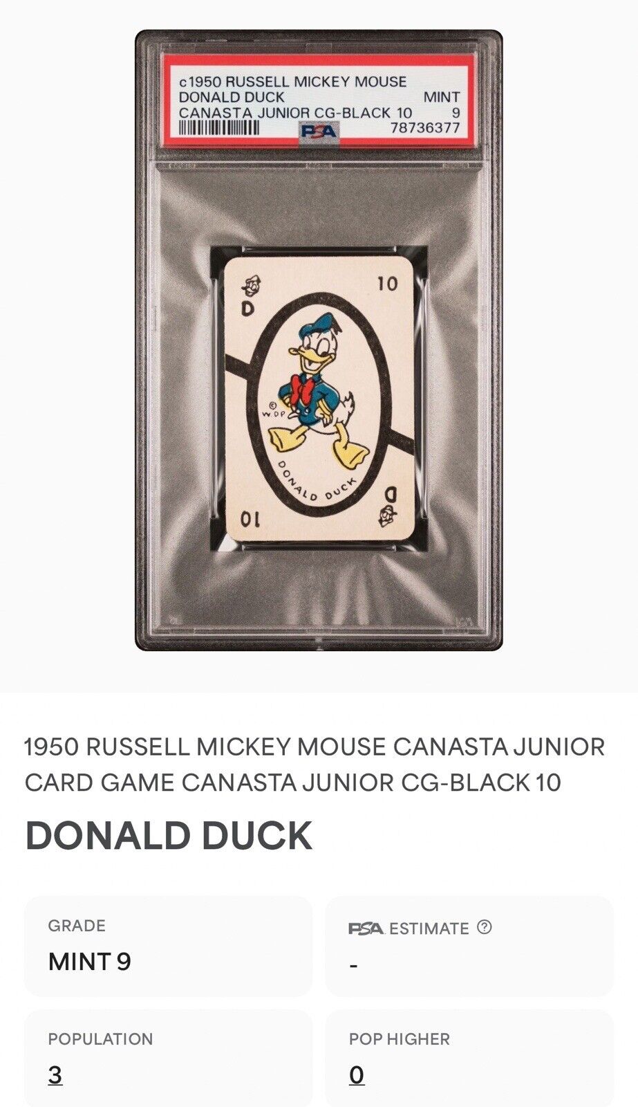 RARE VINTAGE 1950s RUSSELL MICKEY MOUSE DONALD DUCK CANASTA CARD PSA 9 MINT