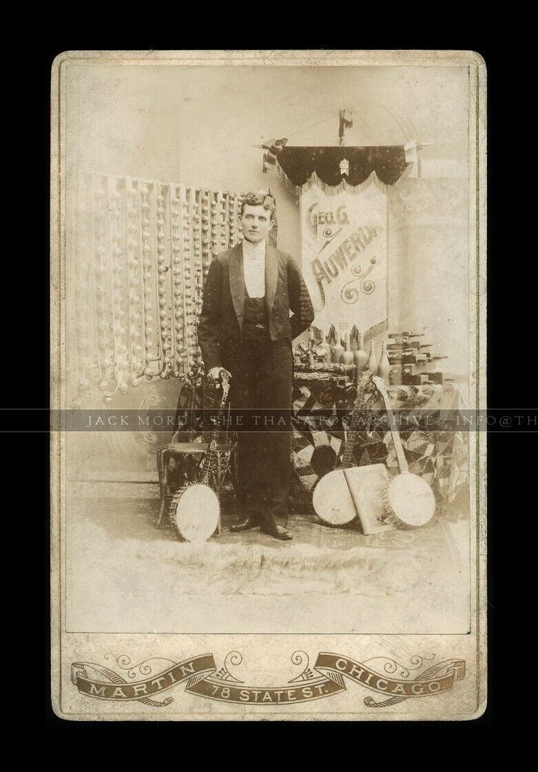 RARE 1890s Photo of ID'd Banjo / Music Instrument Seller with Advertising Banner