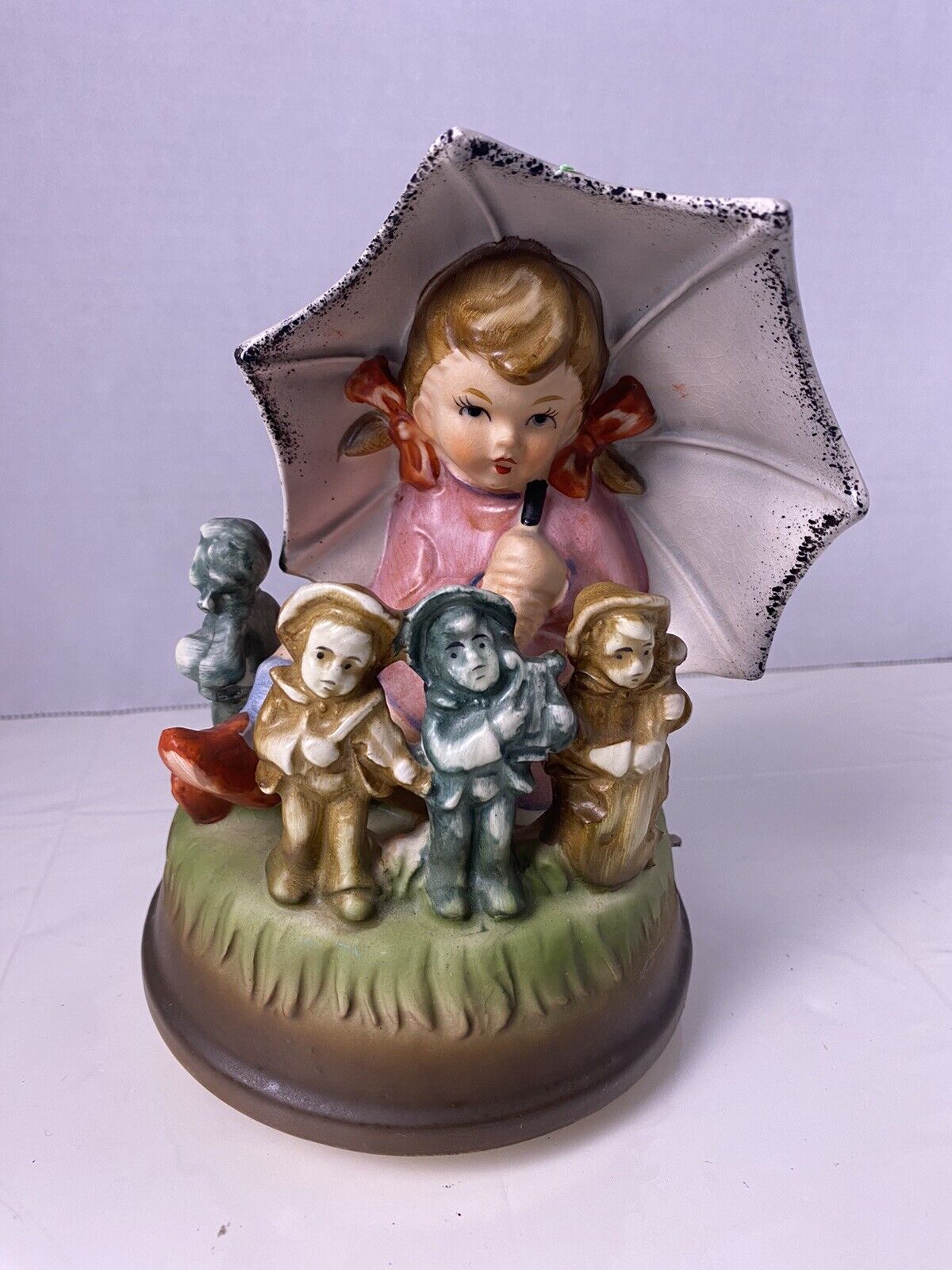 Vintage Music Box Girl Under Umbrella with Toy Doll Musicians