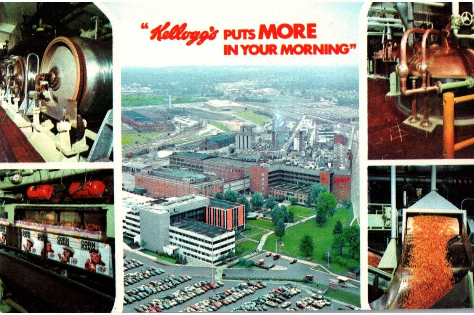 Postcard Kellogg Company Corn Flakes Assembly Line Olympic Skier Boxes