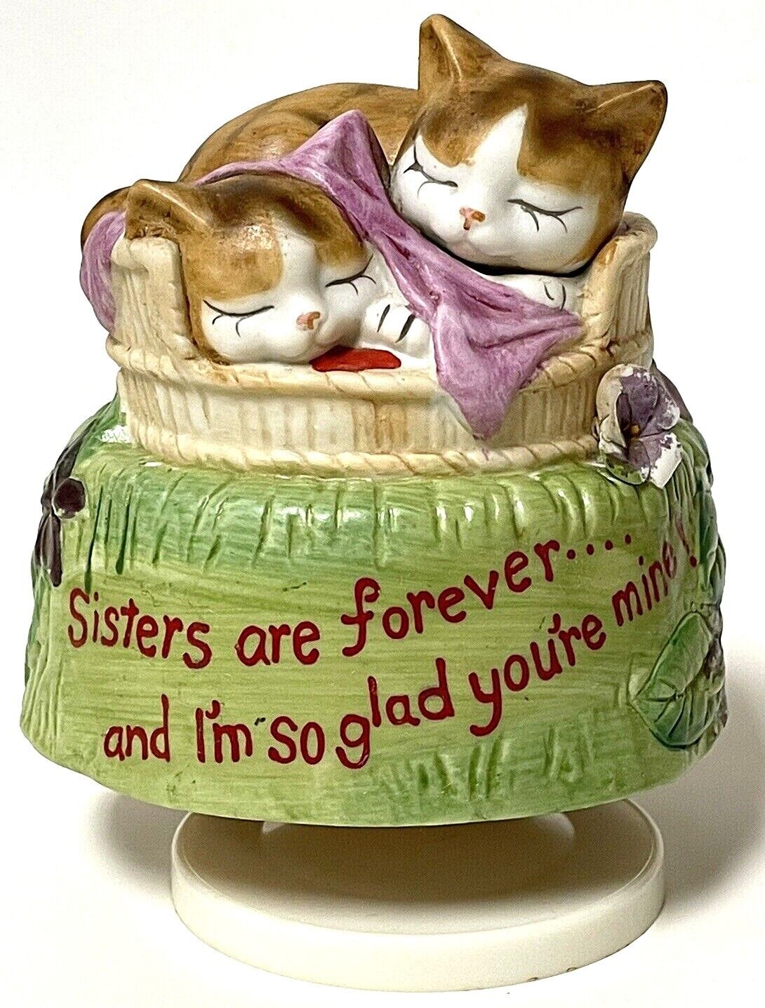 Vintage JSNY Sleeping Cats Sister Love Rotating Ceramic Music Box Figurine