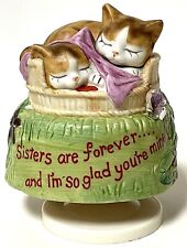 Vintage JSNY Sleeping Cats Sister Love Rotating Ceramic Music Box Figurine picture