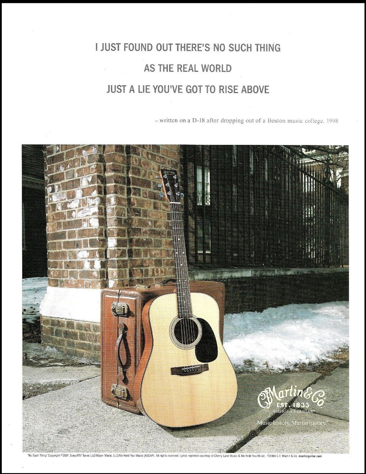 Martin D-18 acoustic guitar ad w/ John Mayer No Such Thing lyrics advertisement