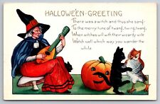 Halloween Greeting Witch Banjo Black Cat Dancing Pumpkin c1910 Postcard picture