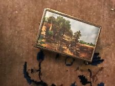Vintage Gold plated Jewelry Music Box w/ Linen Landscape Print Inside mirror 6