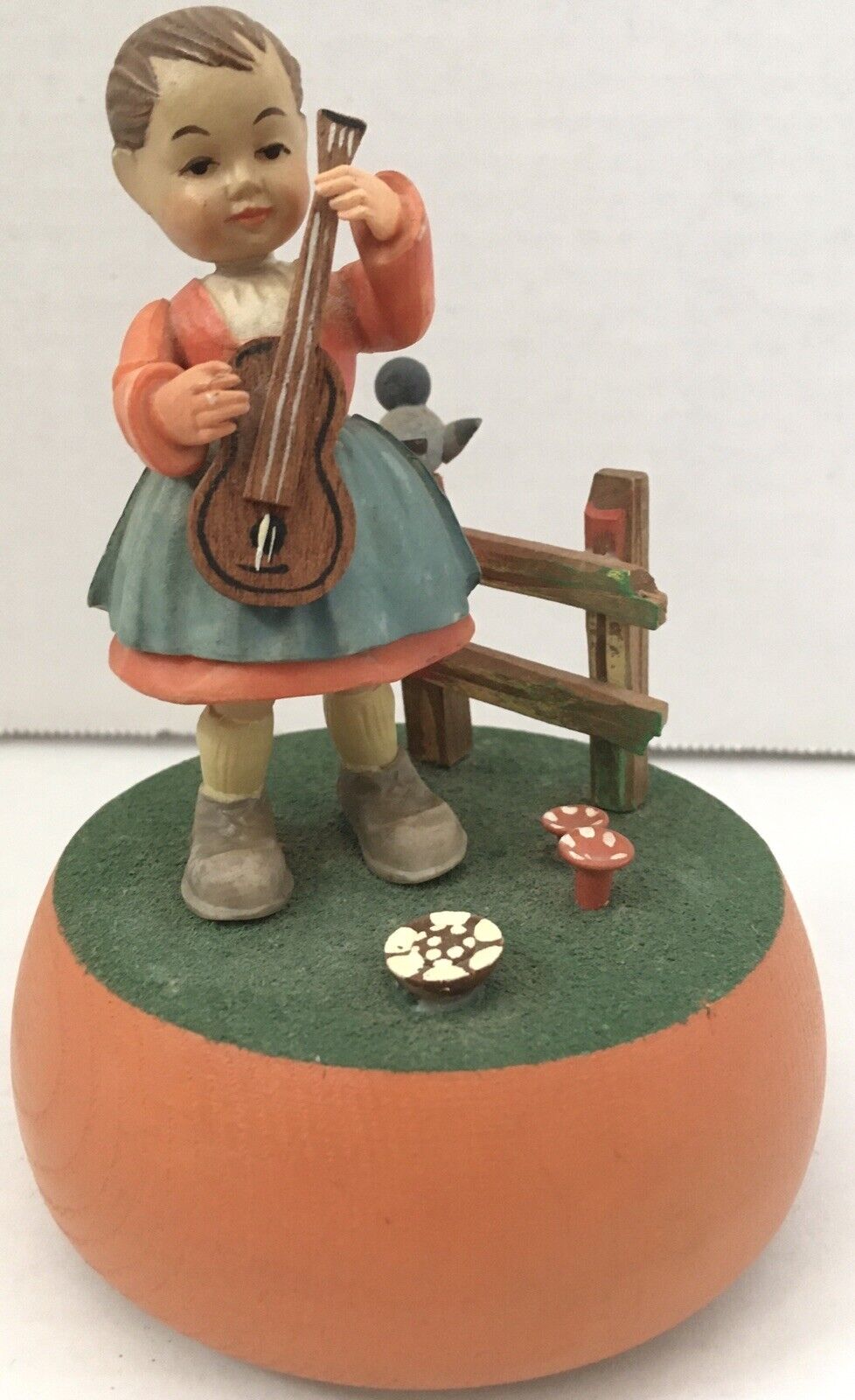 VINTAGE REUGE WOODEN SWISS MUSIC BOX ANRI GIRL Playing Violin Spinning Wheel