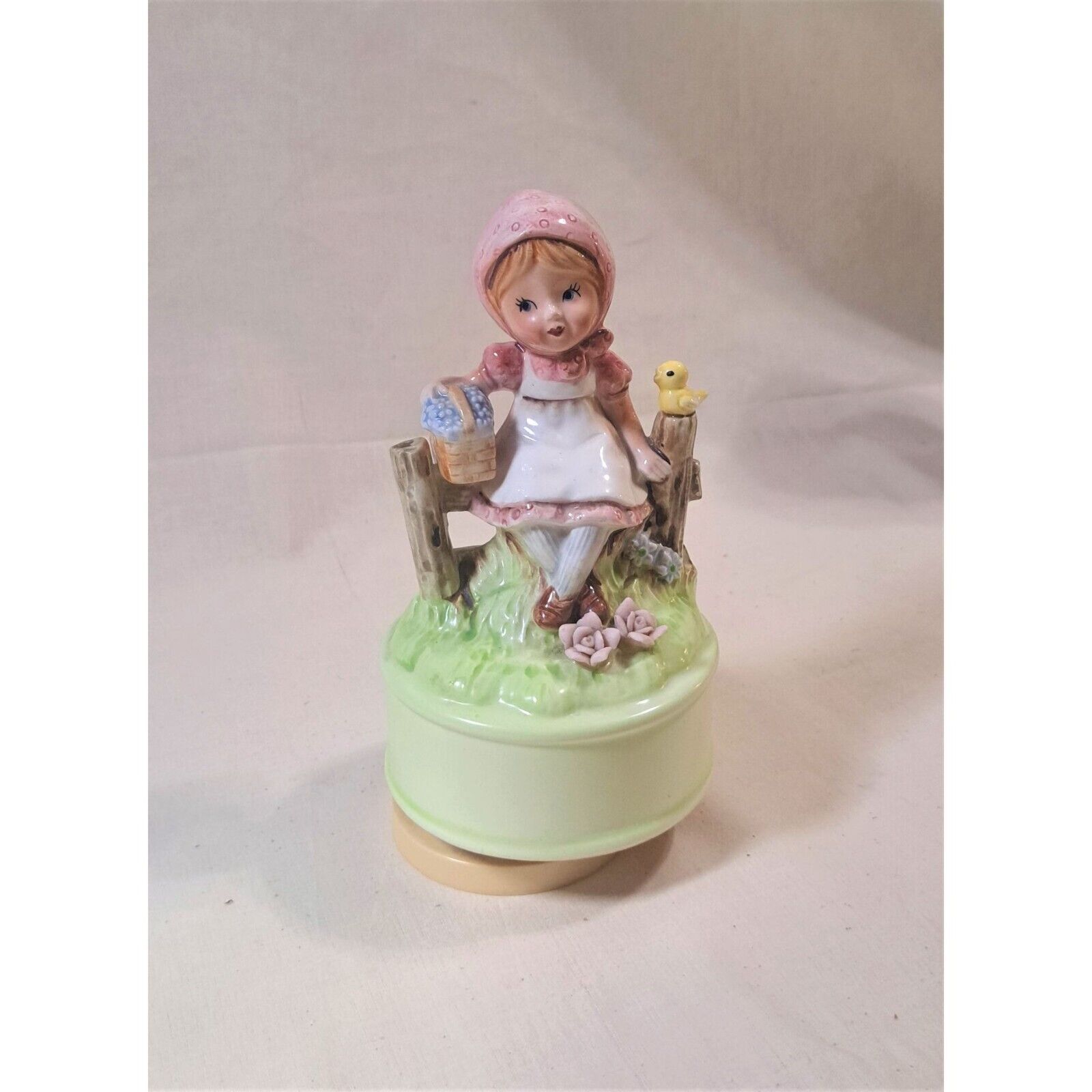 Vintage Porcelain Music Box With Little Girl On Fence Vintage Japan