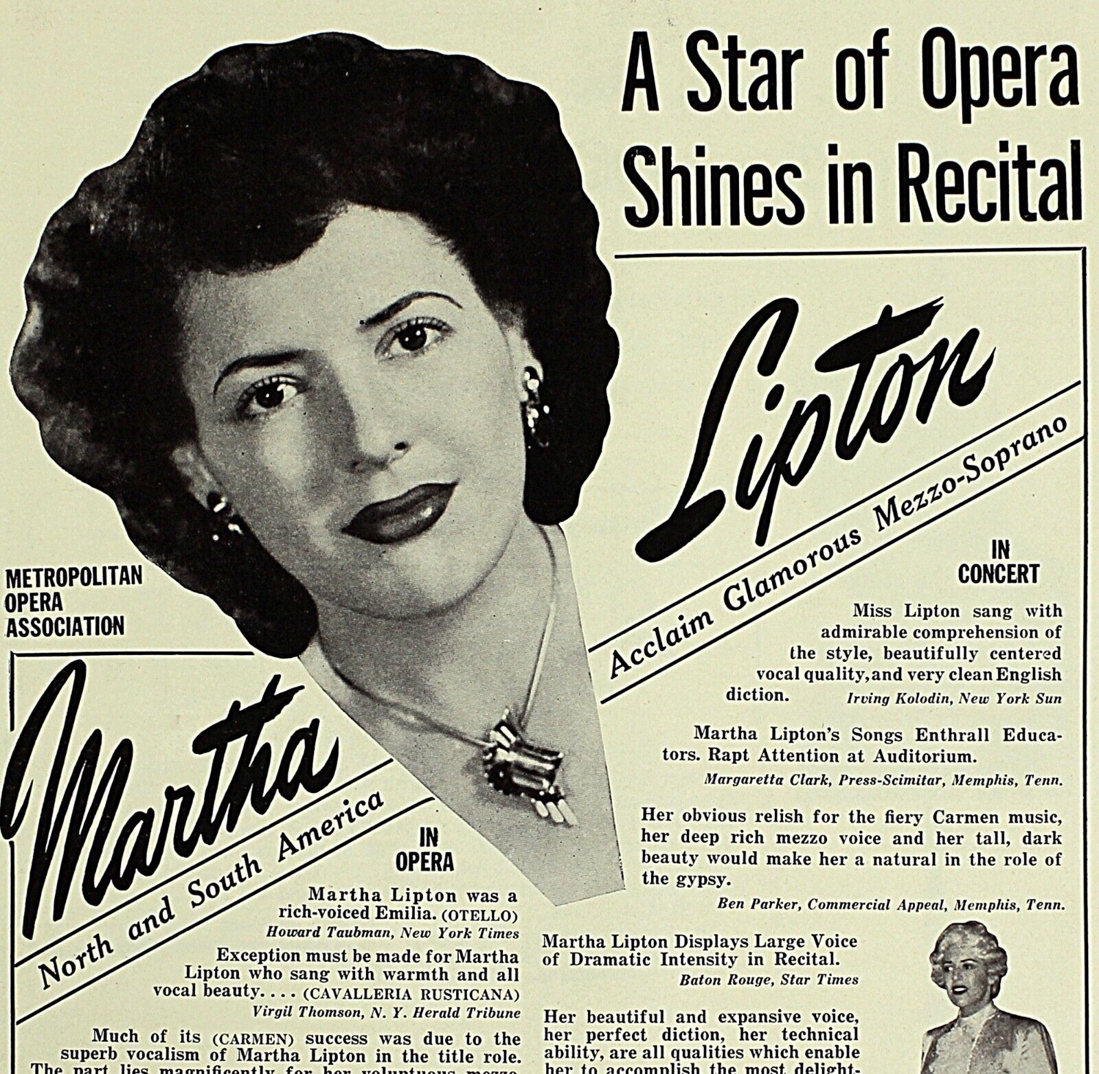 Vintage Music Print Ad MARTHA LIPTON Soprano 1949 Booking Ads 13 x 9 3/4