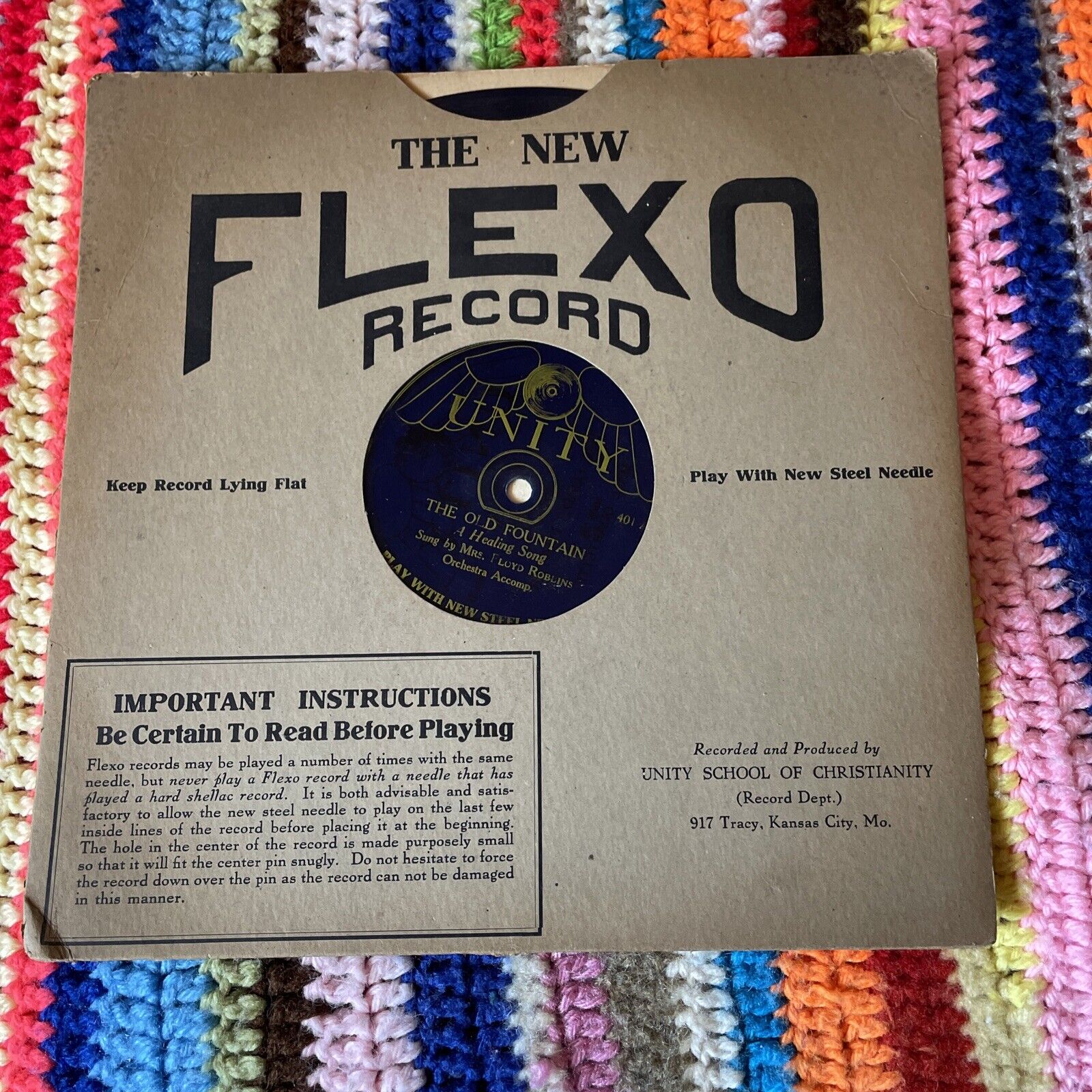 Flexo Record 1930s The Old Fountain - Mrs Floyd Robbins Unity School KC MO Blue
