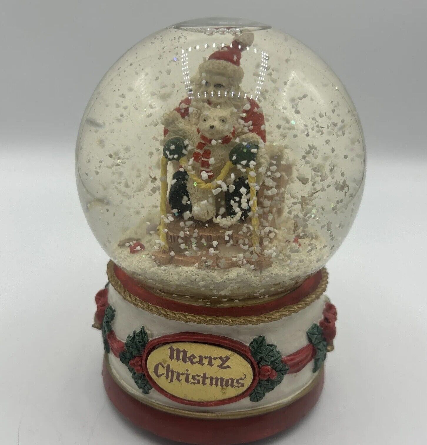 Vintage Merry Christmas Musical Snowglobe Santa Claus and Bears On Sleigh 
