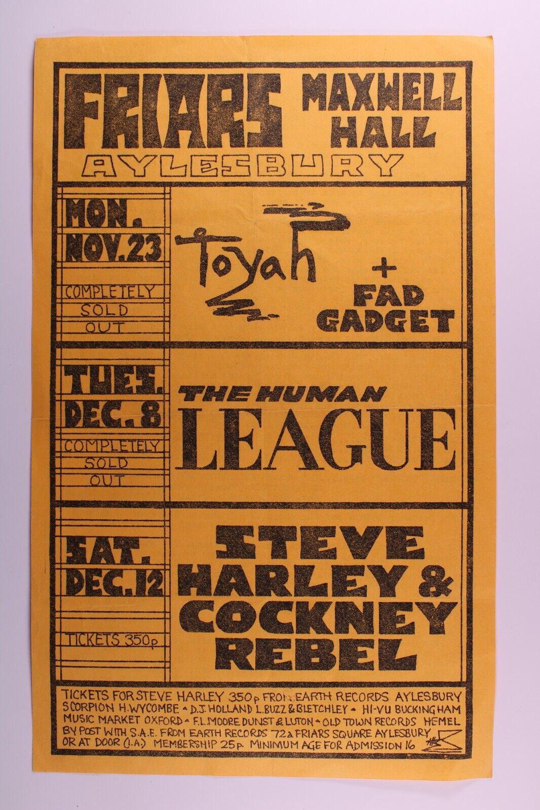 The Human League Flyer Toyah Original Vintage Friars Aylesbury Nov/Dec 1981