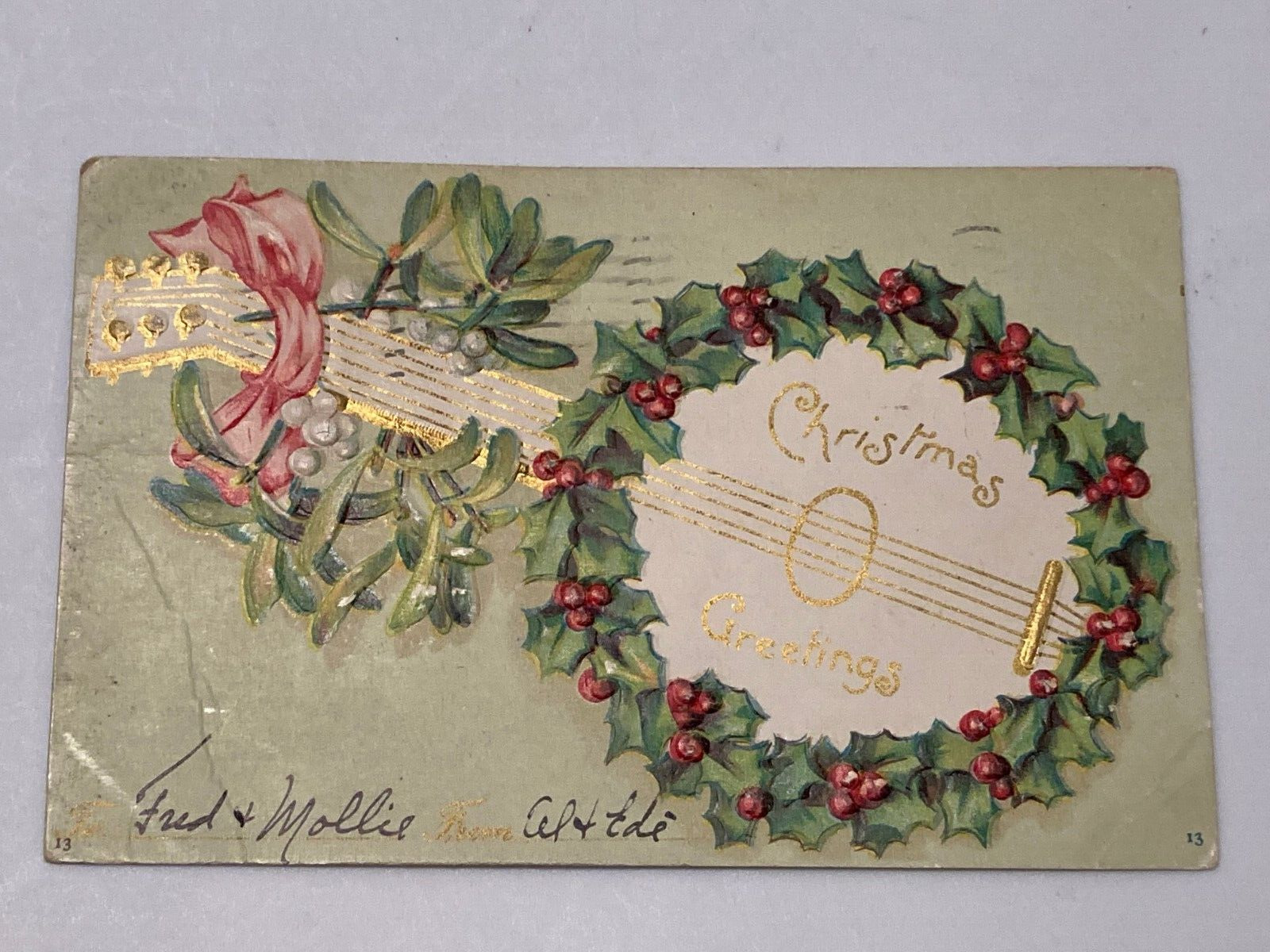 Antique 1901 Christmas Greetings Holly Wreath & Missile Toe Guitar Embossed