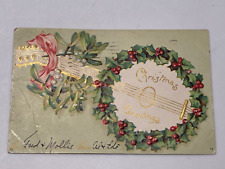 Antique 1901 Christmas Greetings Holly Wreath & Missile Toe Guitar Embossed picture