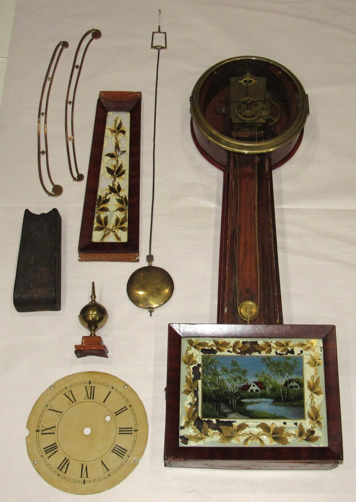 Antique American Weight Driven Banjo Wall Clock Parts/Project as Shown