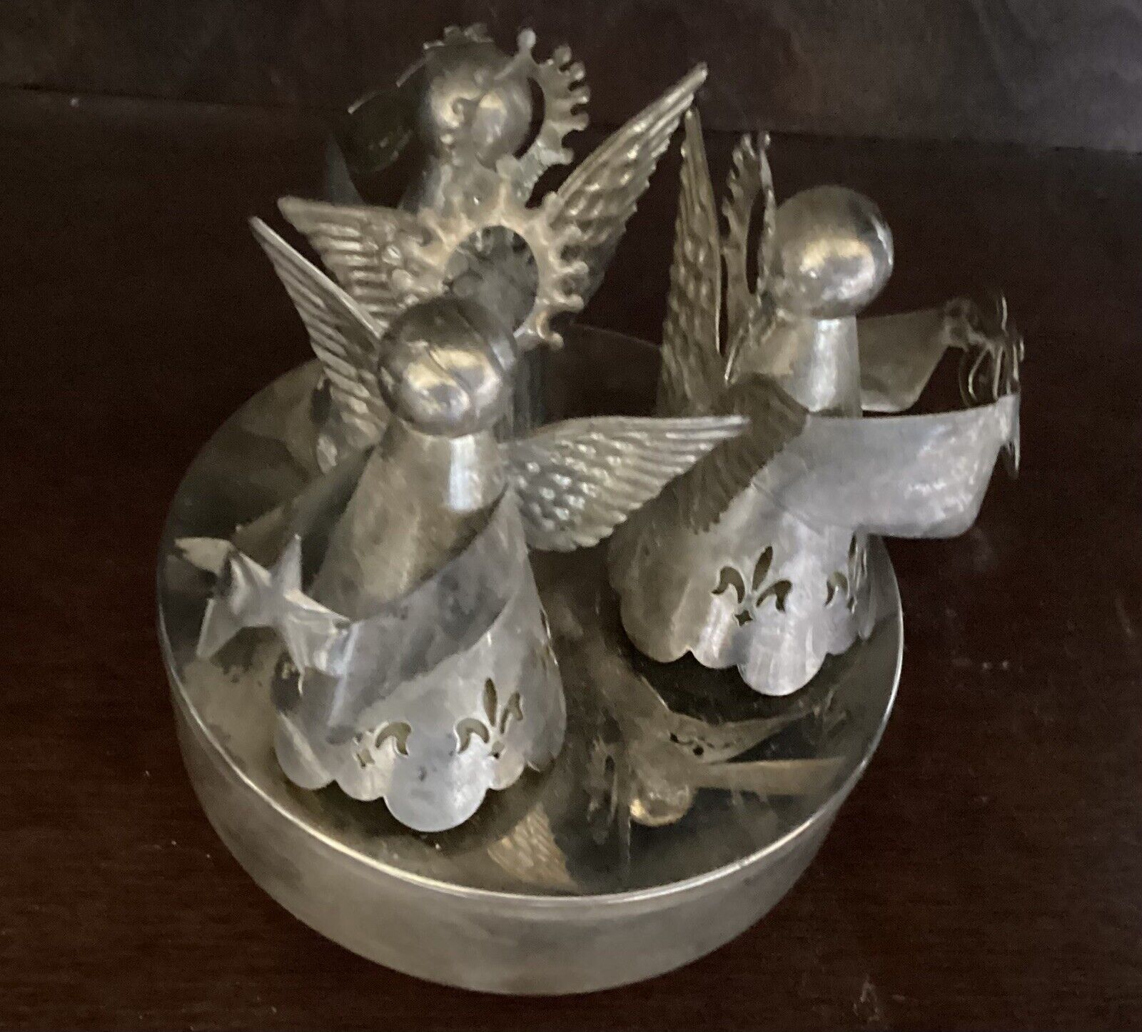Small Vintage Metal Revolving Angel Music Box Plays Angels We Have on High