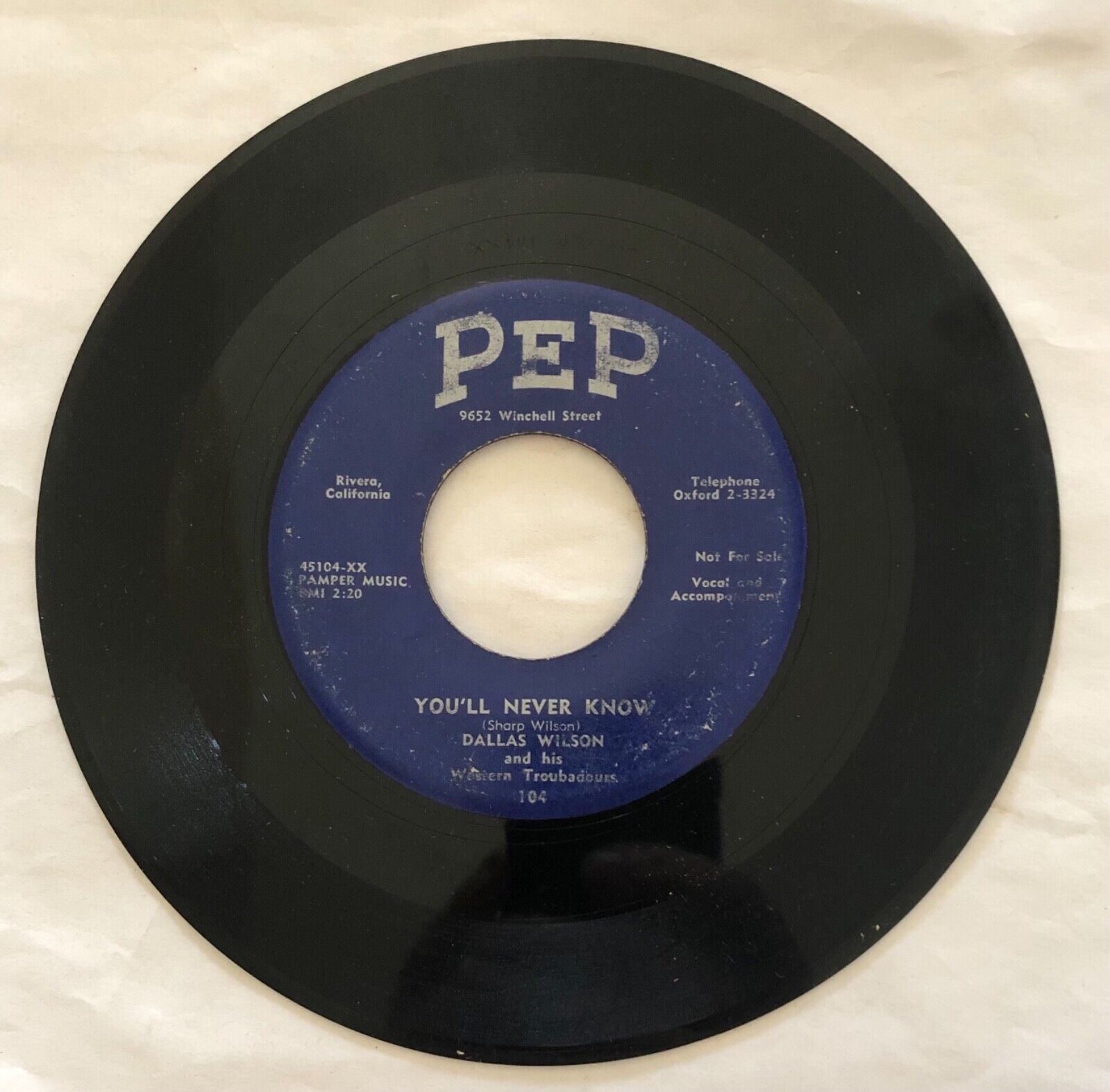 Dallas Wilson - You'll Never Know / The Fire Has Done Gone Out 45 rpm 7” Record