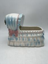 Vintage Relpo Ceramic Baby Bassinet Music Box Planter Plays Rock A Bye Baby picture