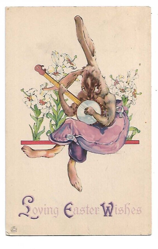 Fantasy Easter; Hip Rabbit Playing the Banjo.  Stecher 787f.  Vintage Greeting 