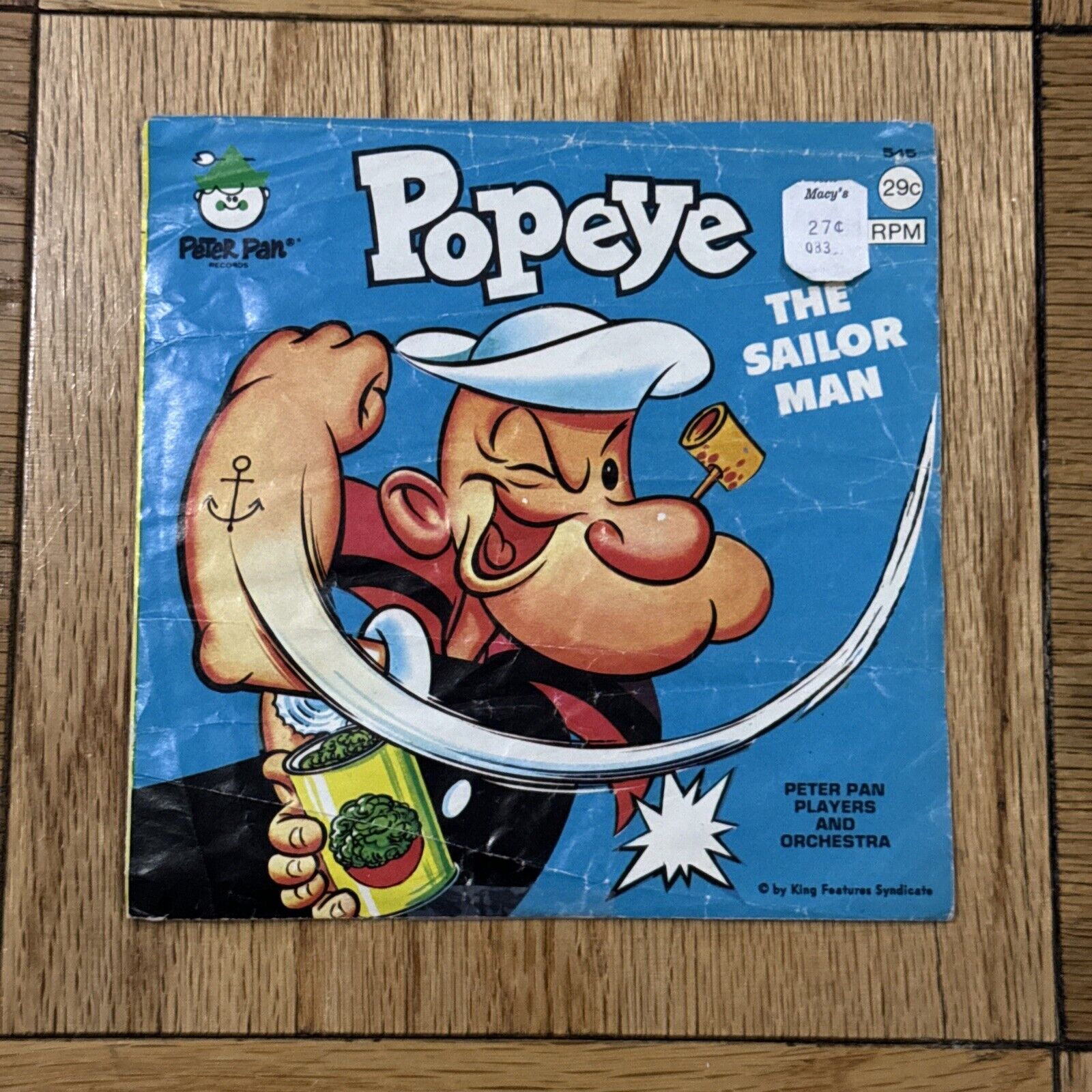 Vintage Popeye The Sailor Man, Peter Pan 45 rpm Record Macy’s Price Sticker