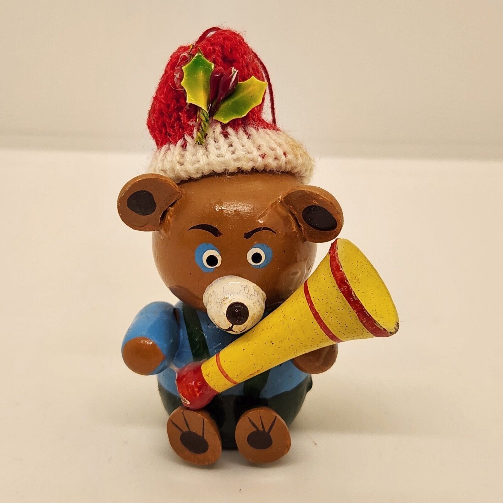 Vintage Christmas Wooden Teddy Bear Toy Ornament With Musical Horn Knitted Hat 