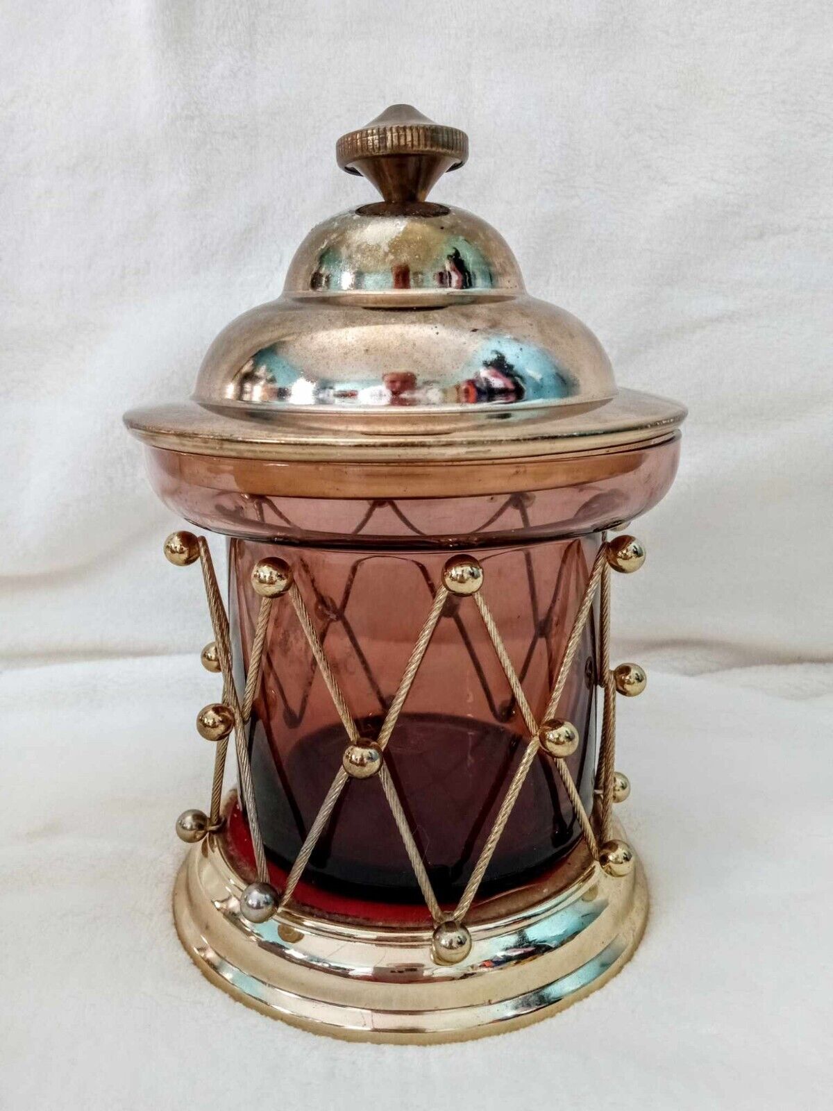 Japan Schmid Bros. Brass & Glass Music Box Candy Jar. Drum Lantern Style Works
