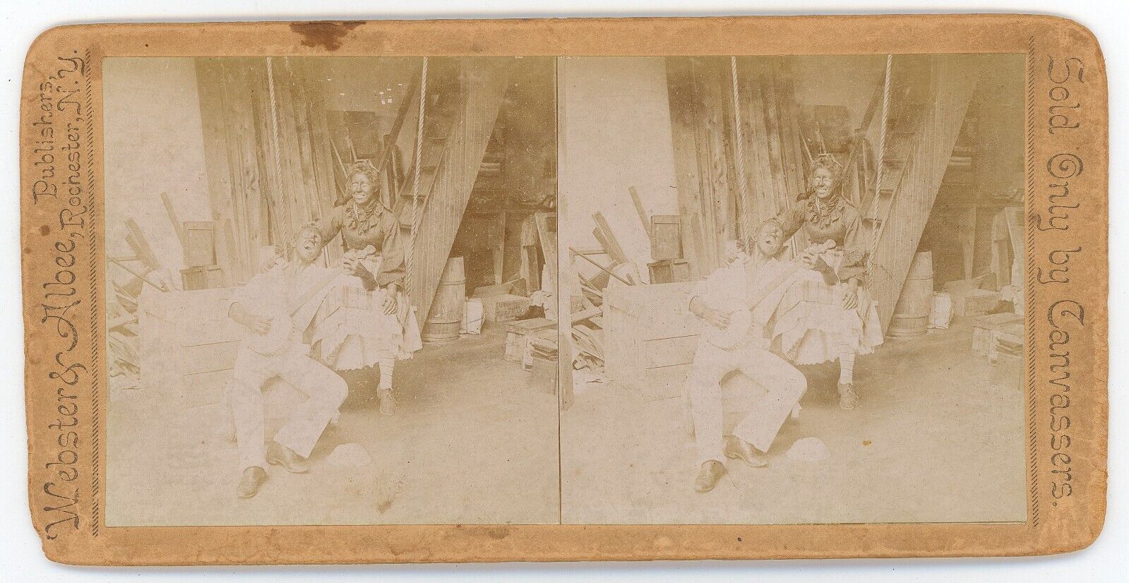 c1900's Rare Real Photo Stereoview of Actors Woman in Swing Man Playing Banjo