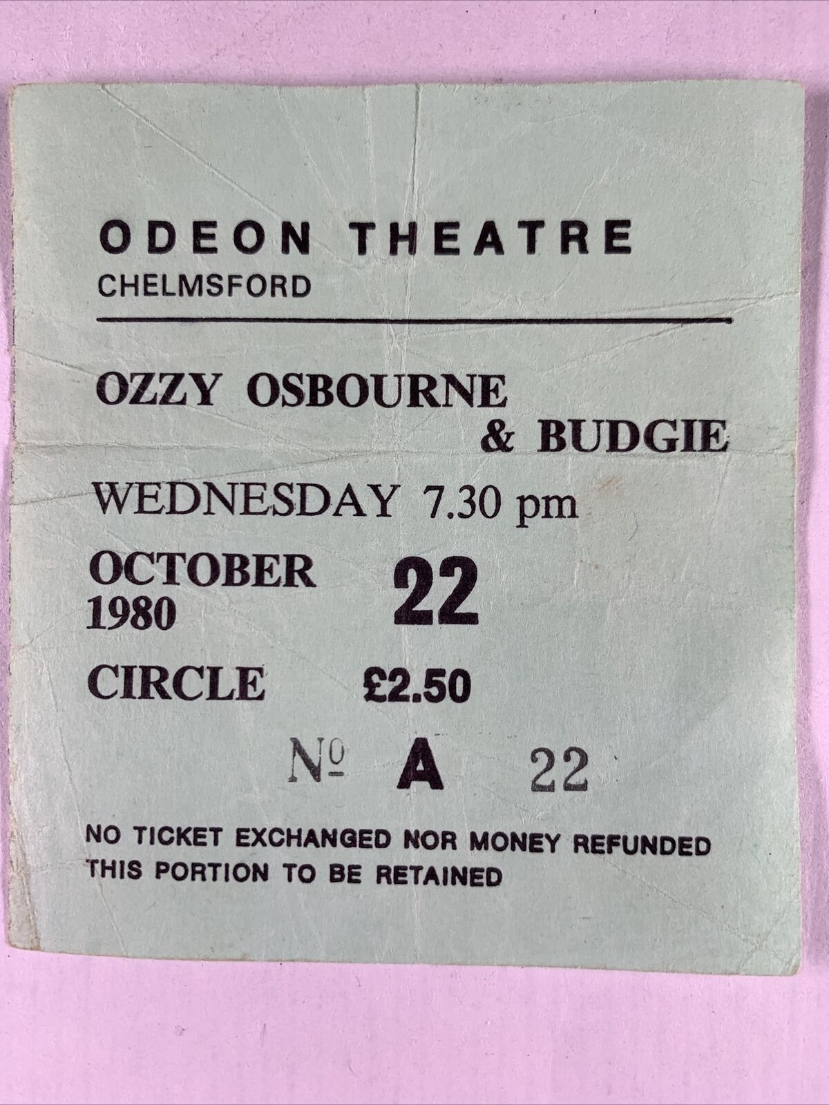 Ozzy Osbourne Ticket Randy Rhoads Vintage Blizzard Of Ozz Tour Chelmsford 1980