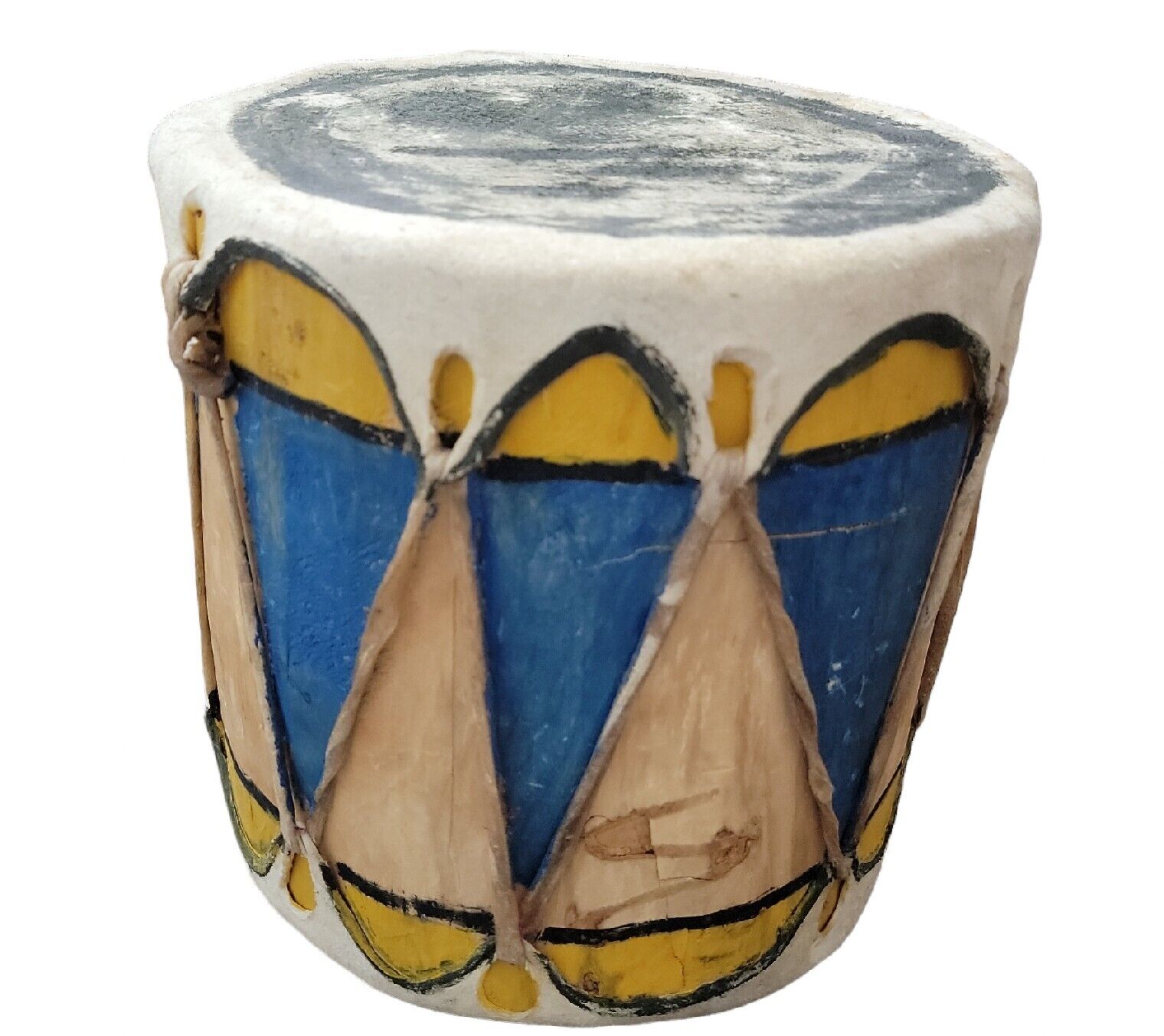 Vintage Cochiti Pueblo Drum Handpainted Handmade Wood Leather Tribal Yellow Blue