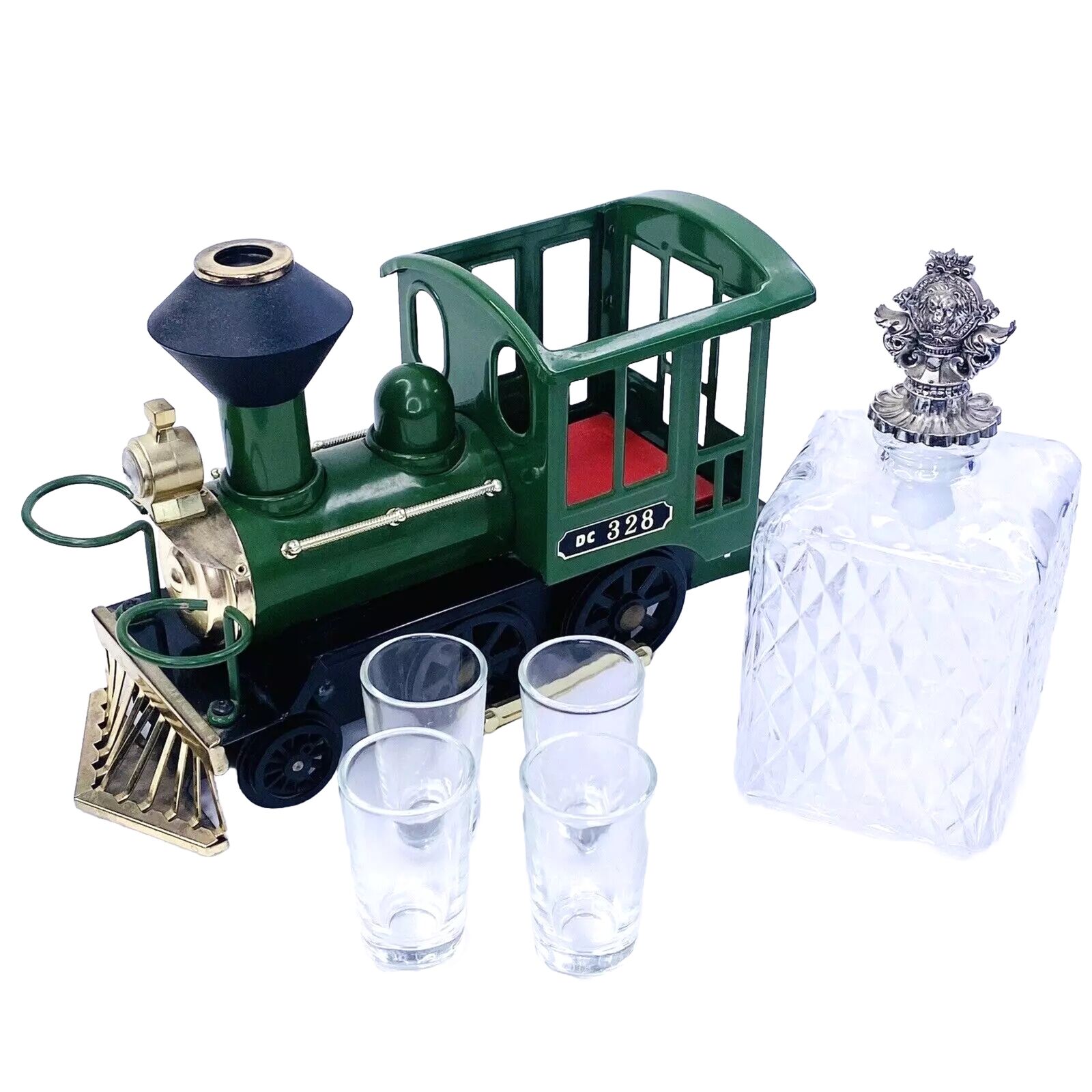 VINTAGE DC328 Green Train Locomotive Music Box Decanter With 4 Glasses Working