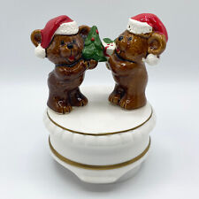Vintage Music Box Teddy Bears holding a Christmas Tree & Wrapped Gift picture