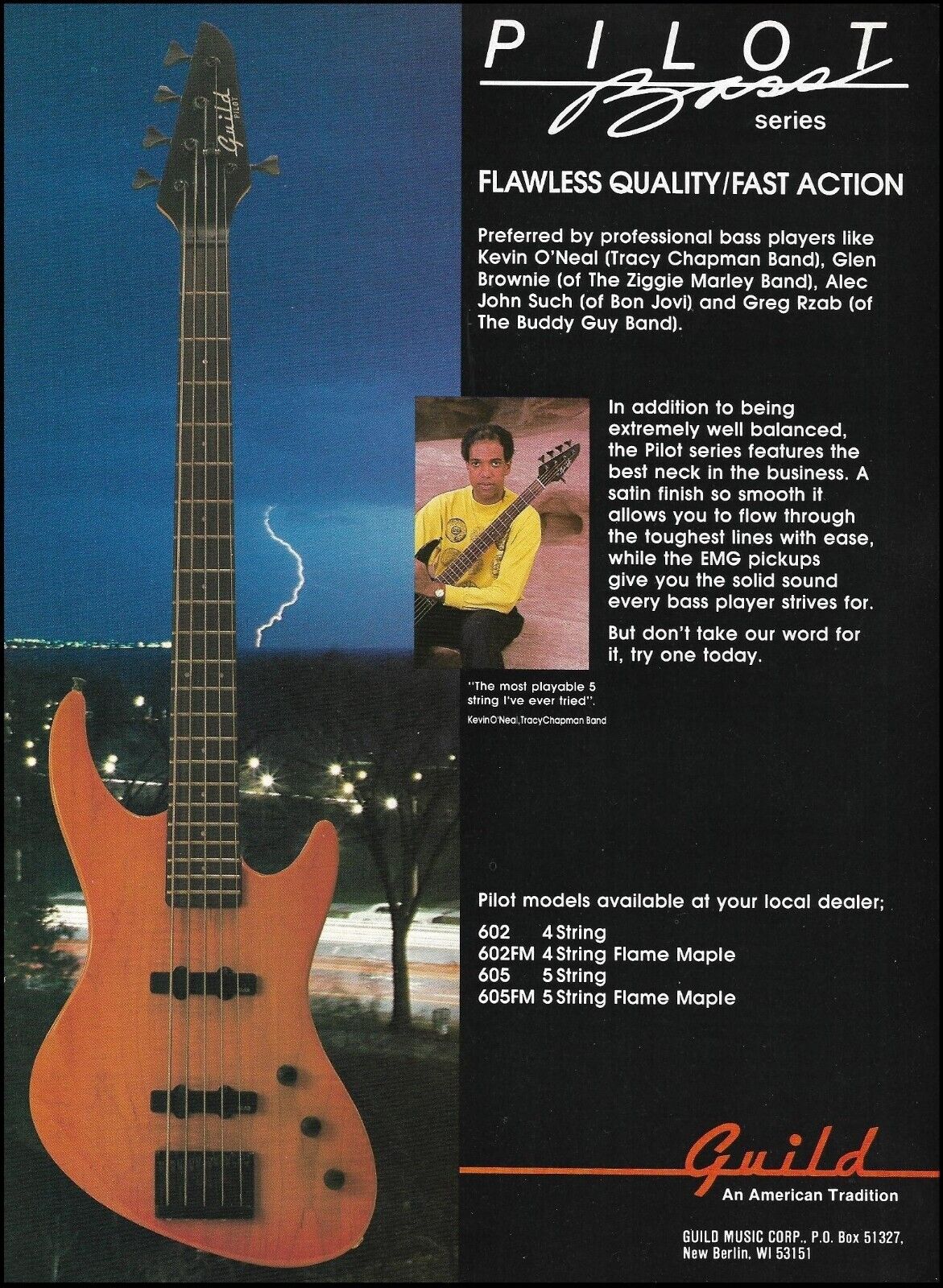Kevin O\'Neal 1990 Guild Pilot Bass 605 Series ad guitar advertisement print