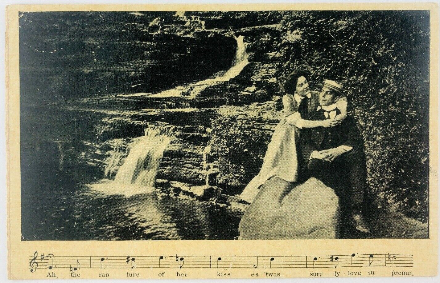 Vintage Ah The Rapture Lyrics RPPC 1908 Man and Woman Hugging Near Waterfalll