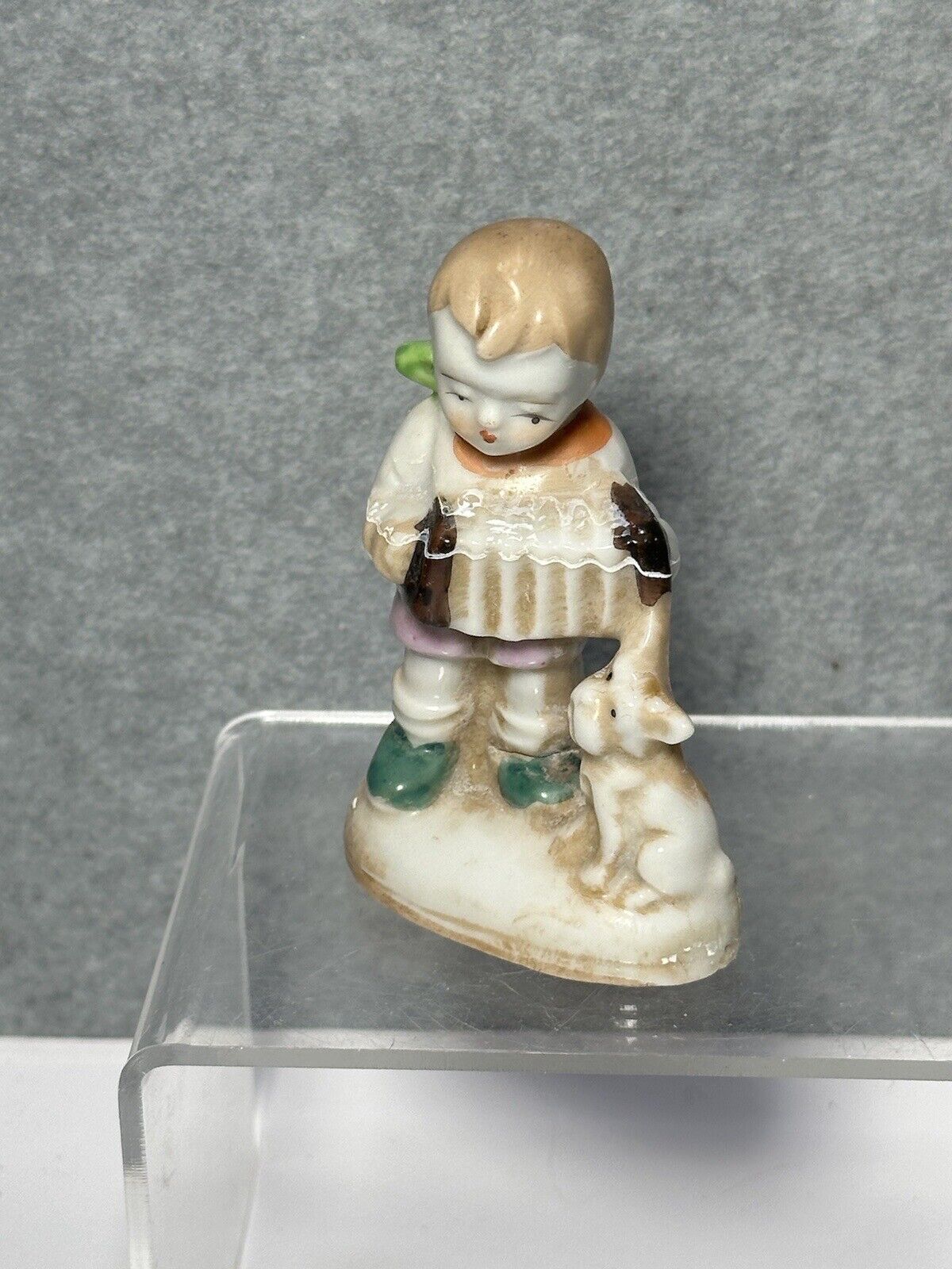 Boy Playing Music With Dog Porcelain Appr  3.25” Japan Vintage