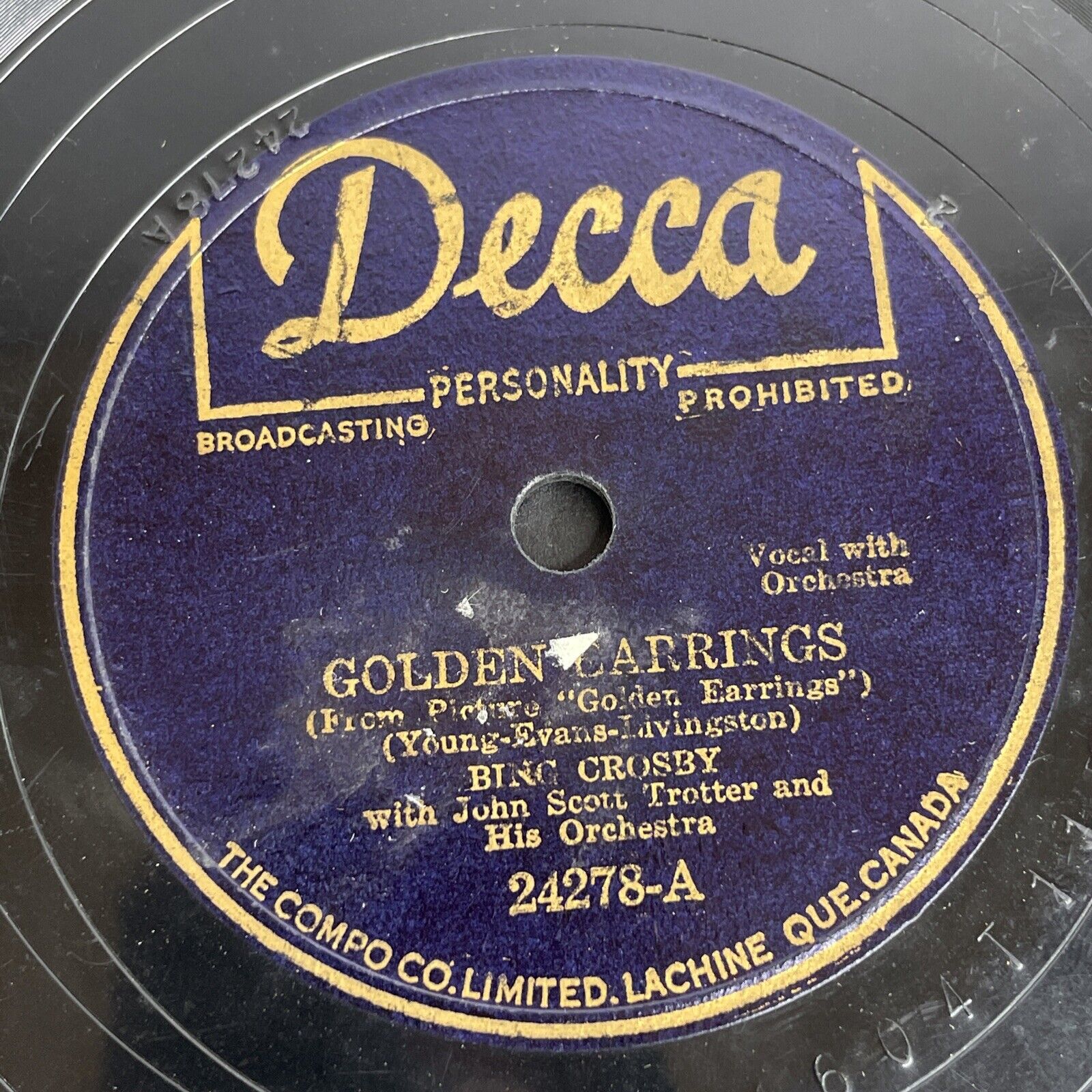 Bing Crosby Golden Earrings / Ballerina Gramophone Record 78rpm 10\