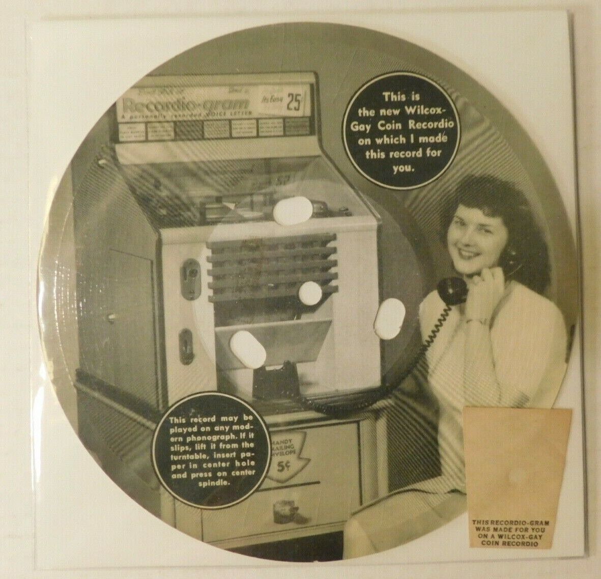 1940'a Wilcox-Gay Recordio photo advertising cardboard picture disc 