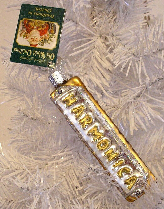 2007 OLD WORLD CHRISTMAS -SILVER/GOLD HARMONICA - BLOWN GLASS ORNAMENT NEW W/TAG