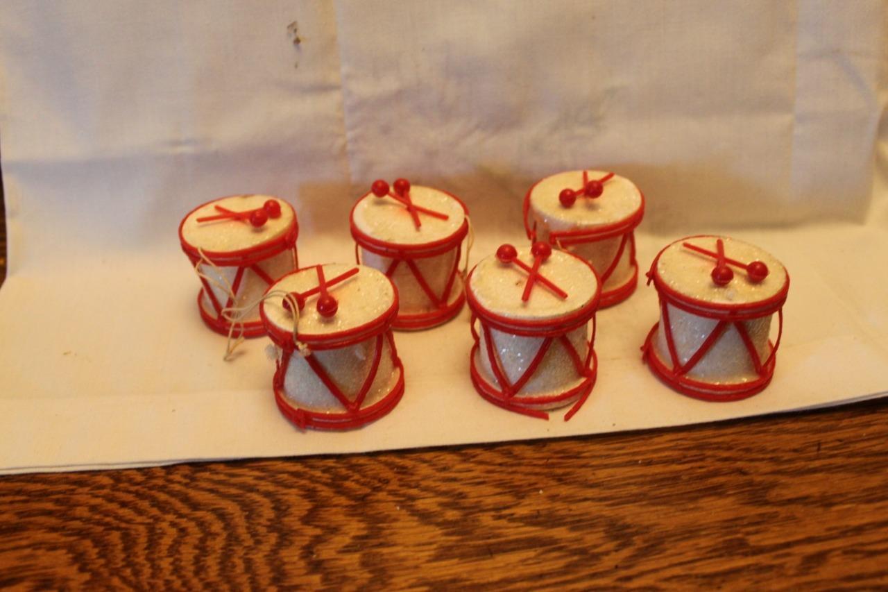6 Vintage Sugar Coated and Flocked Red and White Drum Christmas Ornaments
