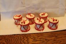 6 Vintage Sugar Coated and Flocked Red and White Drum Christmas Ornaments picture