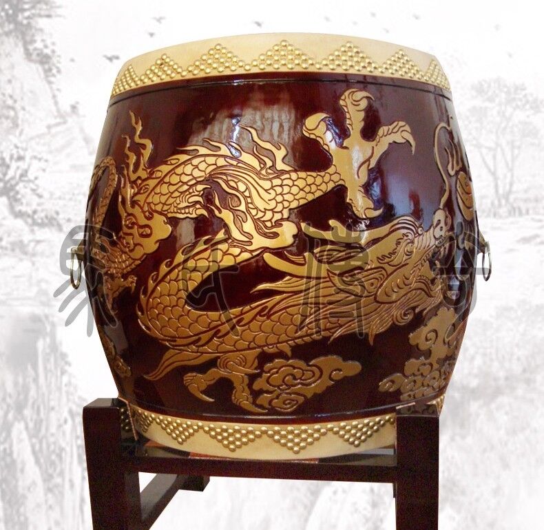 Chinese basso-relievo Curled-up dragon Cowhide Cowskin war drum Diam 23