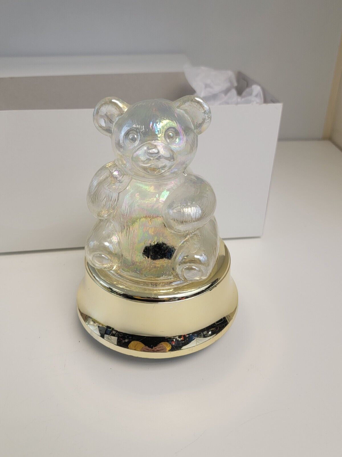 Vintage Christmas Lighted Musical Teddy Bear Opalescent Glass W/GOLD BASE WORKS