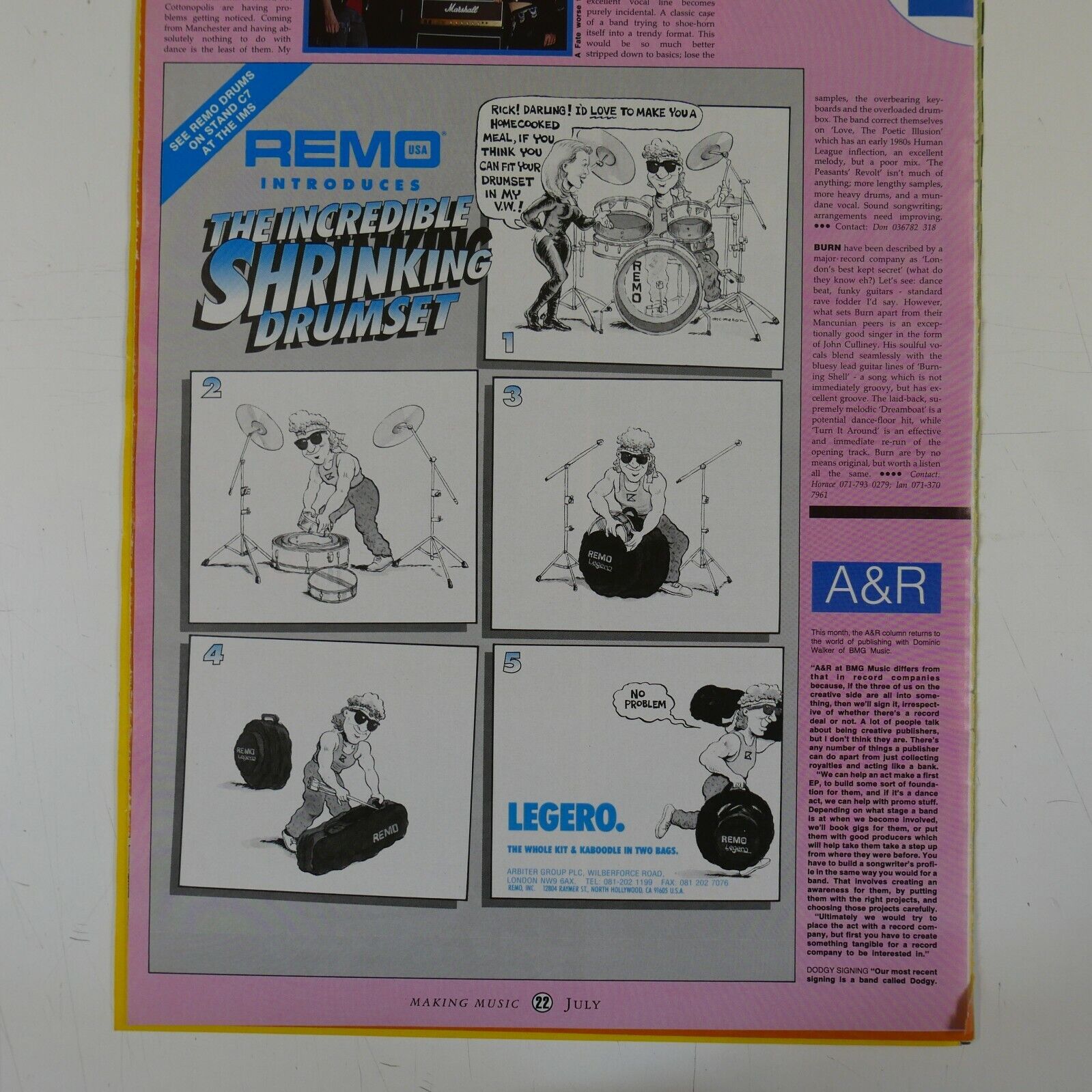 vintage 22x30cm magazine advert cutting REMO LEGERO DRUMS