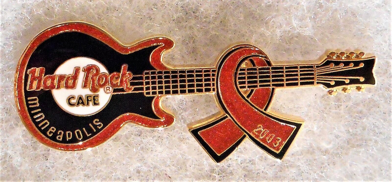 HARD ROCK CAFE MINNEAPOLIS AIDS WALK CHARITY GUITAR WITH RED RIBBON PIN # 17813