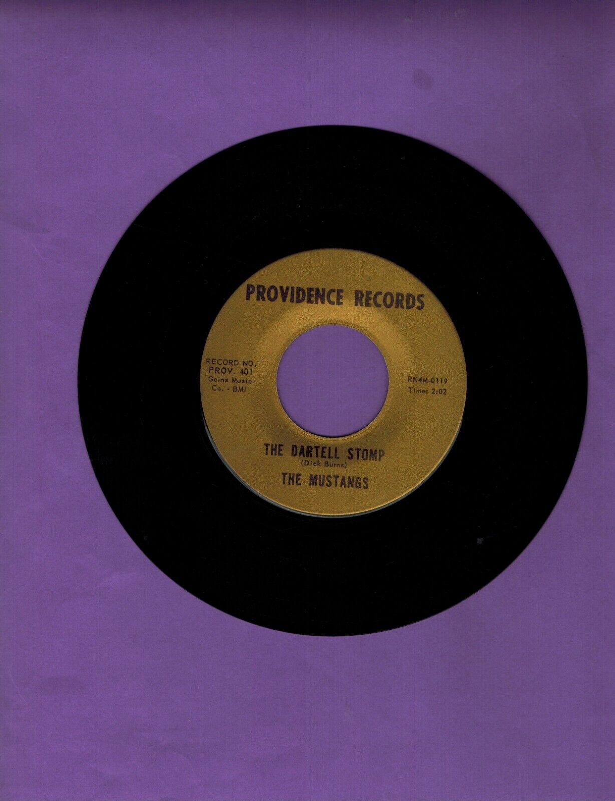 The Mustangs 45 rpm record \'\' The Dartell Stomp\'\' Providence Records\'\'