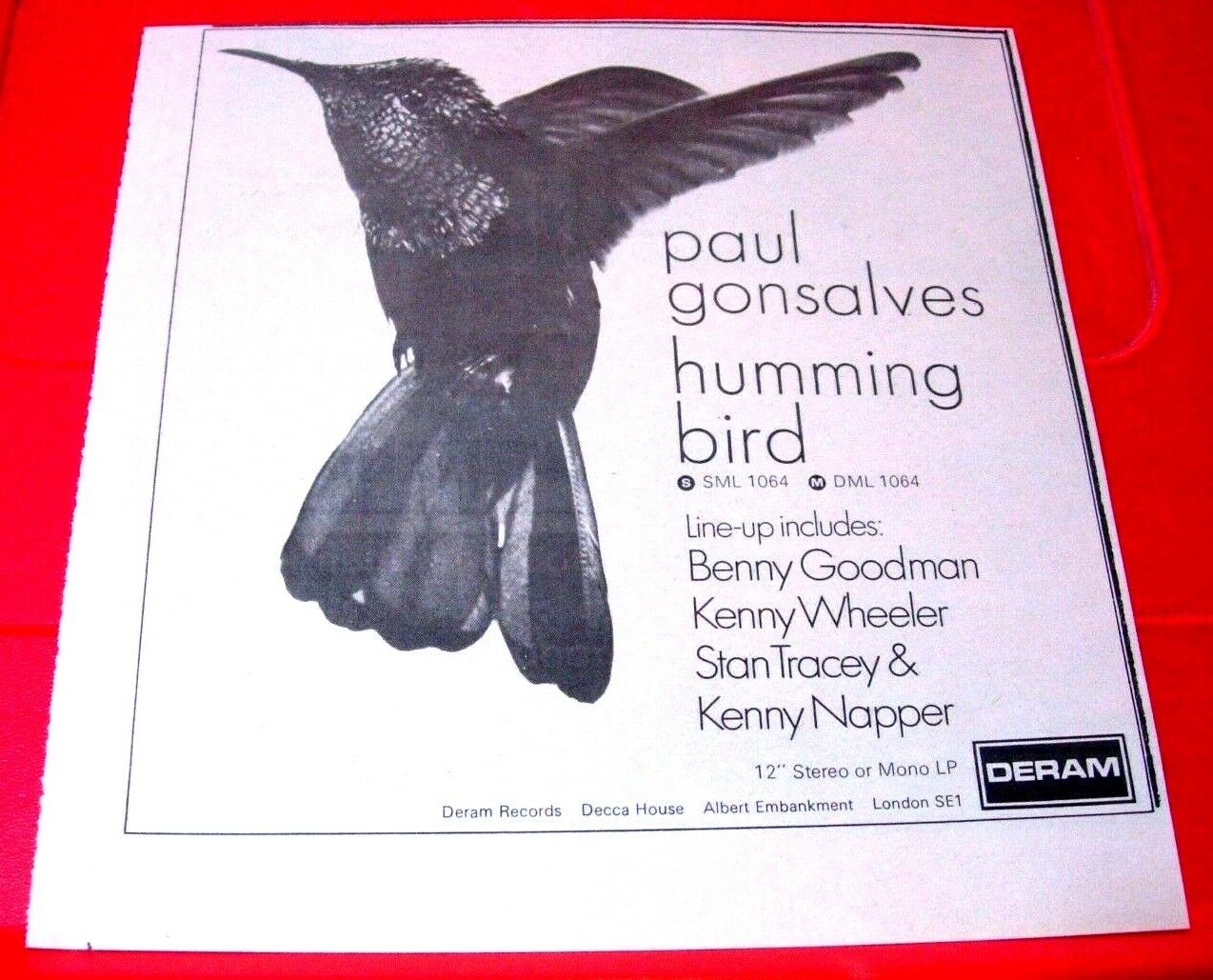 Paul Gonsalves ‎Humming Bird Vintage ORIG 1970 Press/Mag ADVERT 7.5\