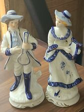 Vintage Blue & White Porcelain Figurines Colonial Man Banjo & Woman Harp (K5) picture