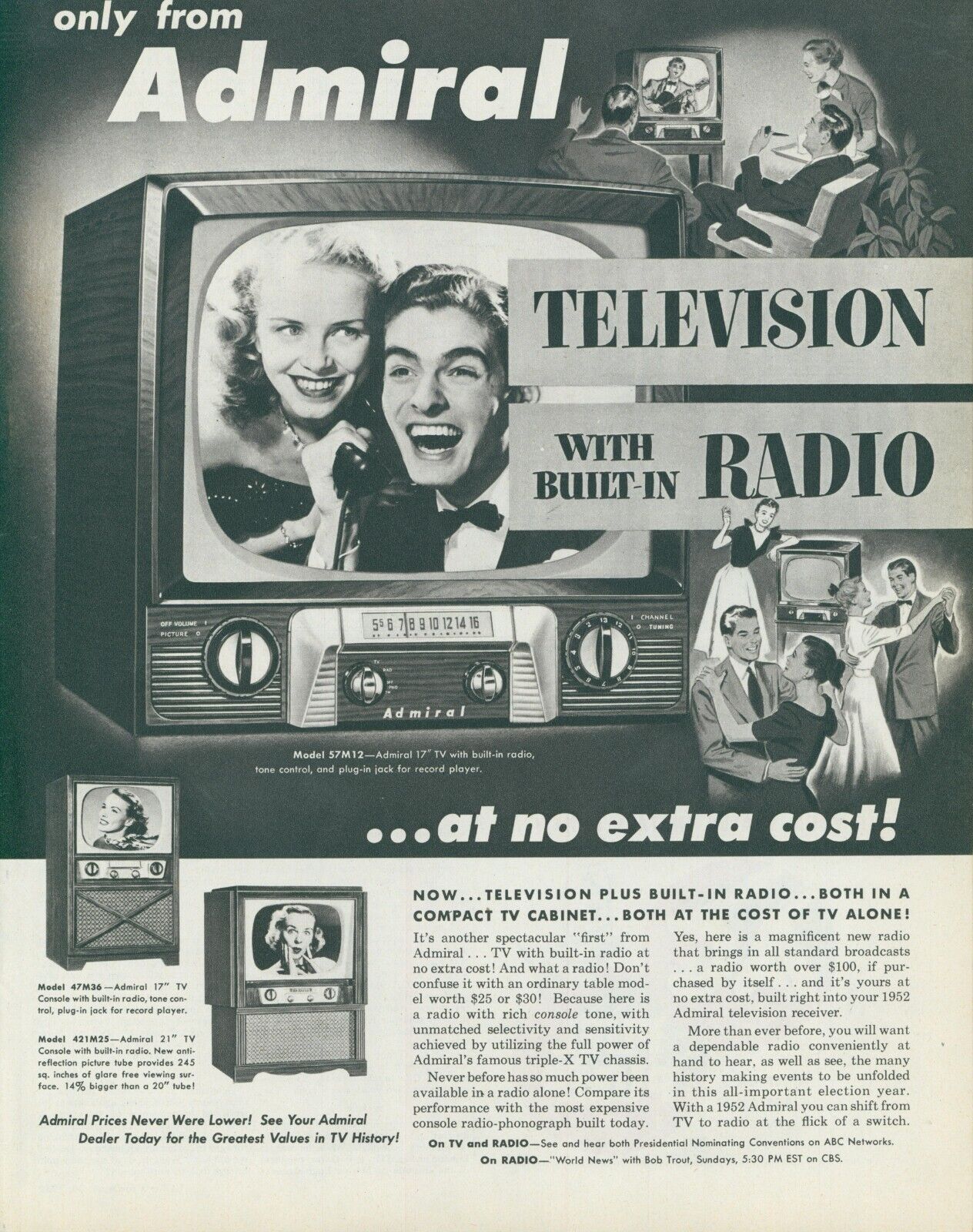 1952 Admiral Television Radio TV On Guitar Dancers Cabinet Vtg Print Ad C16