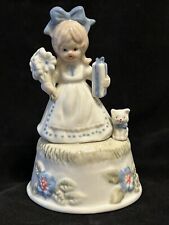 Vintage Music Box Figurine Enesco Little Girl With Blue Bow Gift And Kitten picture
